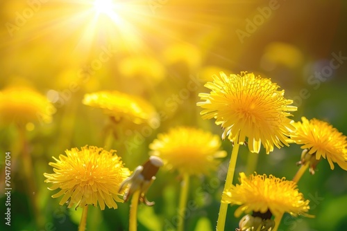 Yellow dandelion flowers with shallow focus being flooded with warm sunlight.