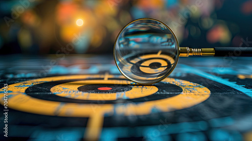 Close-up of a magnifying glass on a target, captures a focused view on a target. Suitable for illustrating precision, goal setting, marketing, success, and detective concepts in design projects.