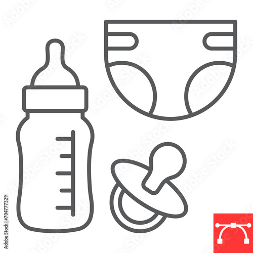 Baby products line icon, grocery store and newborn, baby bottle with diaper and nipple vector icon, vector graphics, editable stroke outline sign, eps 10.