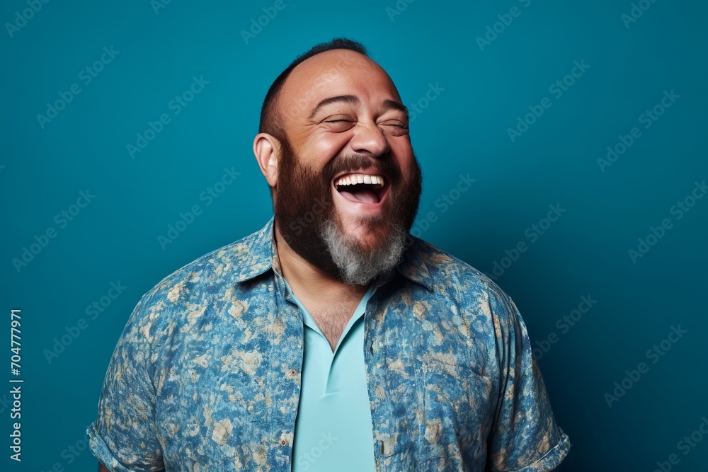 Portrait of a funny fat man laughing while standing against blue background Portrait of a funny fat man laughing while standing against blue background