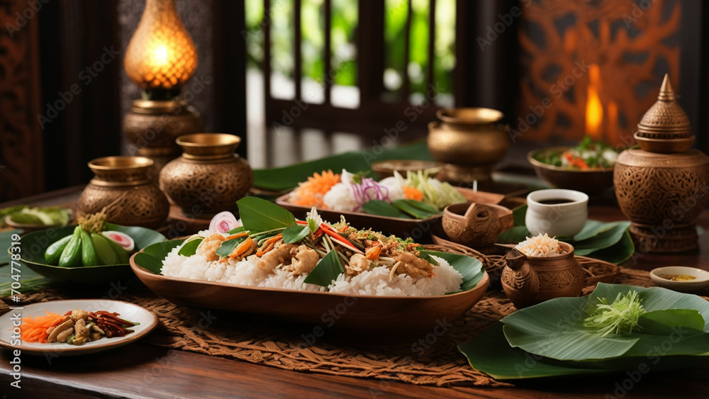Set the scene with a cozy wooden table adorned with Rice Thai Food the aroma and presentation tell a story of rich flavors and cultural inspiration