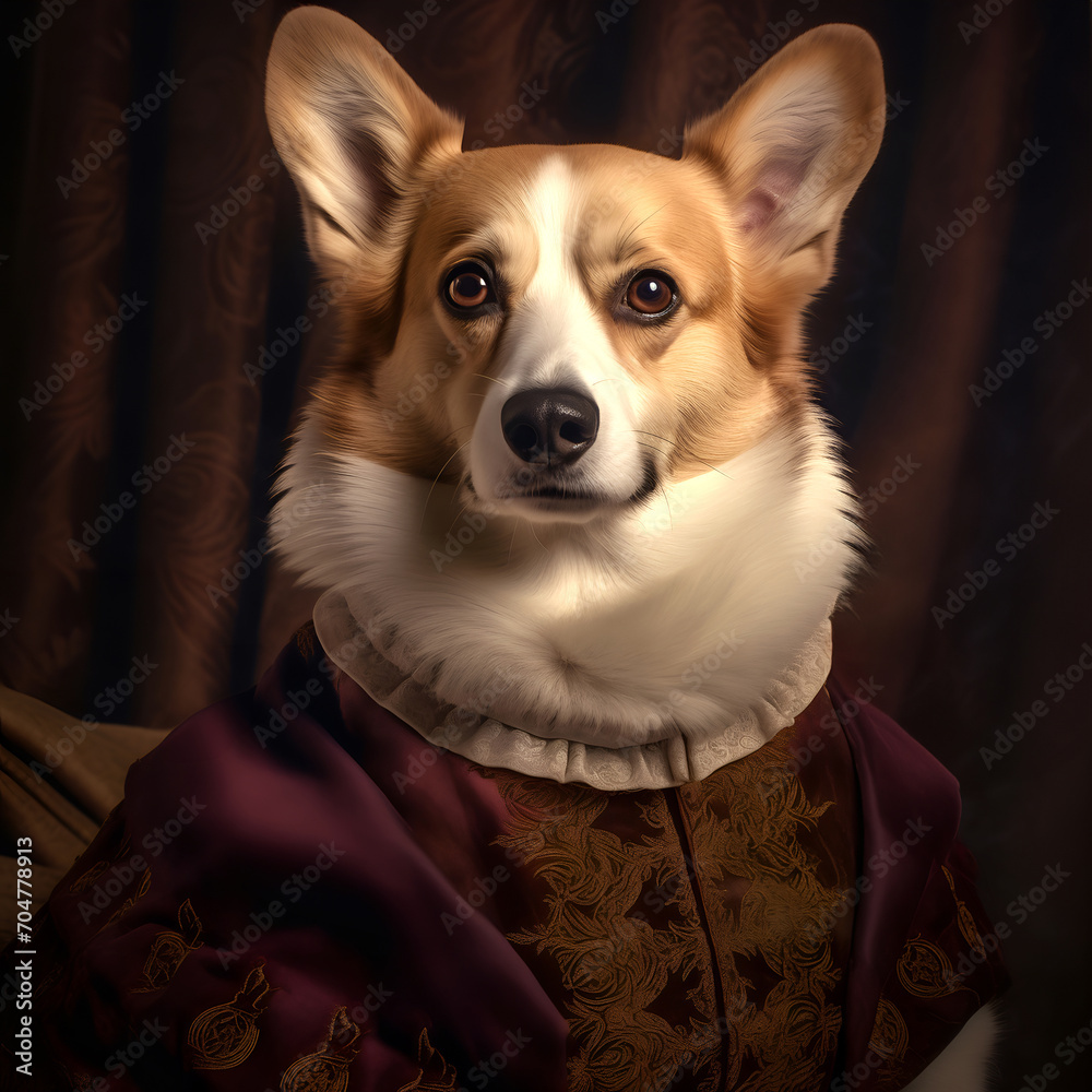 Realistic lifelike welsh corgi dog puppy in renaissance regal medieval noble royal outfits, commercial, editorial advertisement, surreal surrealism. 18th-century historical
Realistic lifelike welsh corgi dog puppy in renaissance regal medieval noble royal outfits, commercial, editorial advertisement, surreal surrealism. 18th-century historical
