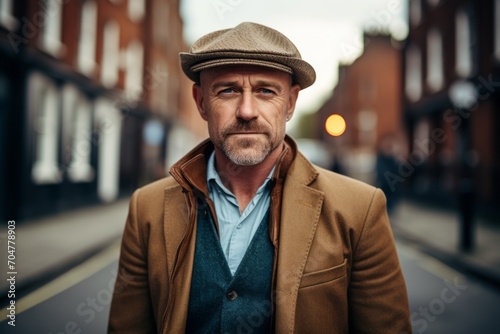 Portrait of a handsome mature man in a brown coat and hat standing on the street. © Inigo