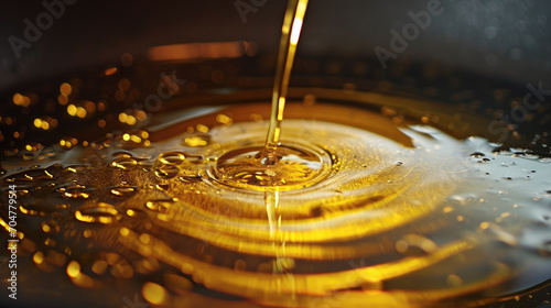 Oil being poured into a pan, depicts oil being poured into a cooking pan. Suitable for food blogs, recipe websites, cooking tutorials, and culinary-related designs. photo