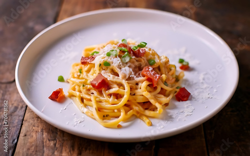 Capture the essence of Carbonara in a mouthwatering food photography shot