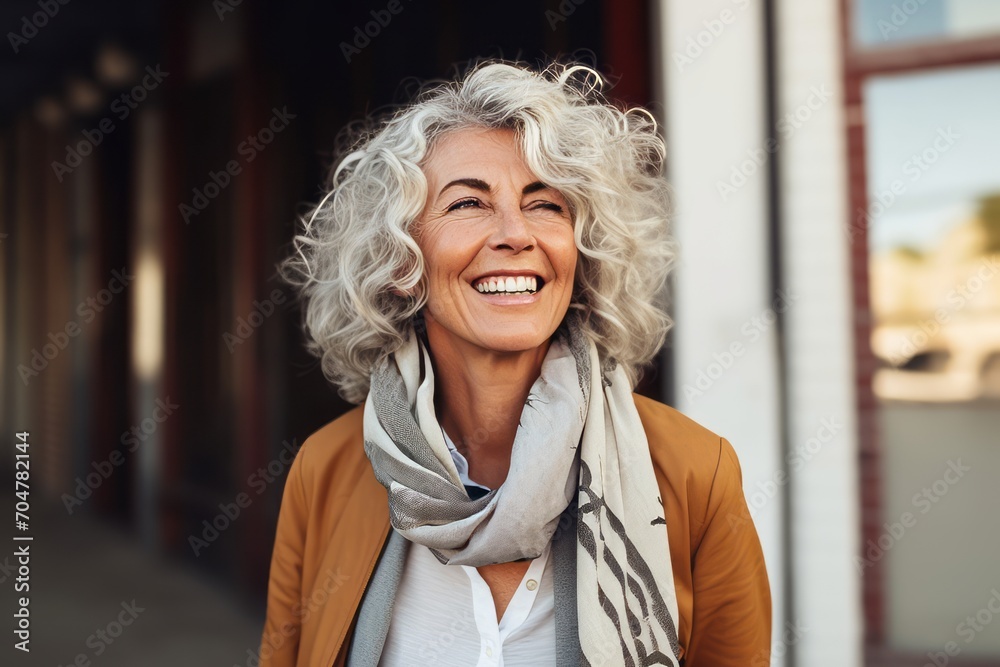 Portrait of smiling senior woman with grey hair outdoors. Mature woman looking at camera.