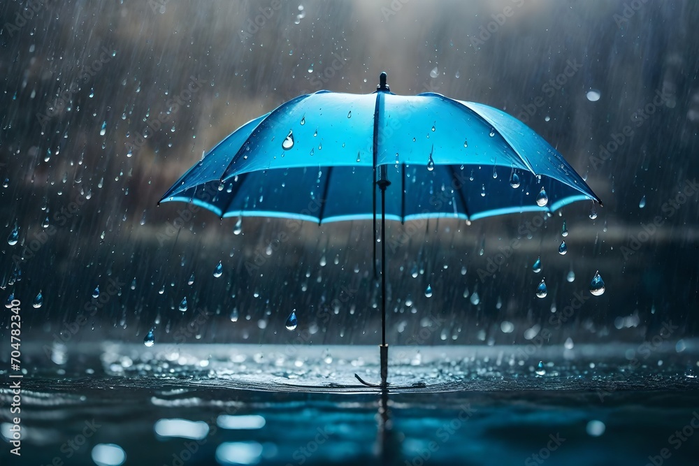 Illustrate the enchanting beauty of a rainy day with a transparent umbrella and raindrops against a water drop splash background, crafting a visually striking concept of wet weather.