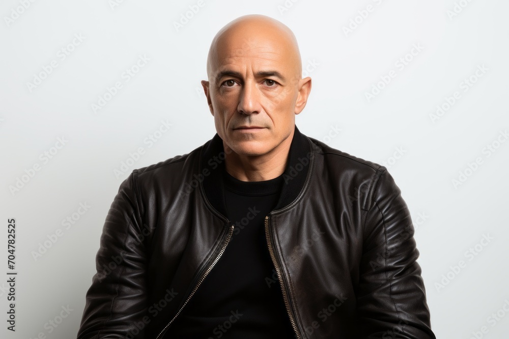 Portrait of a bald man in a leather jacket on a white background Portrait of a bald man in a leather jacket on a white background