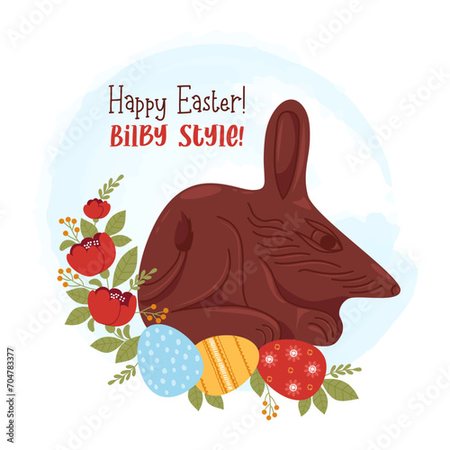 Cute chocolate bilby with Easter eggs and flowers and greeting. Vector illustration. Festive paschal colorful card with Australian animal symbol