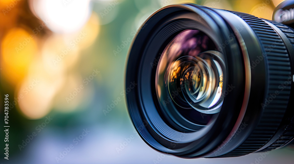 A close-up of a camera lens with a blurry background. Suitable for photography websites, graphic design tutorials, digital marketing materials, and social media posts about photography and creativity. - obrazy, fototapety, plakaty 