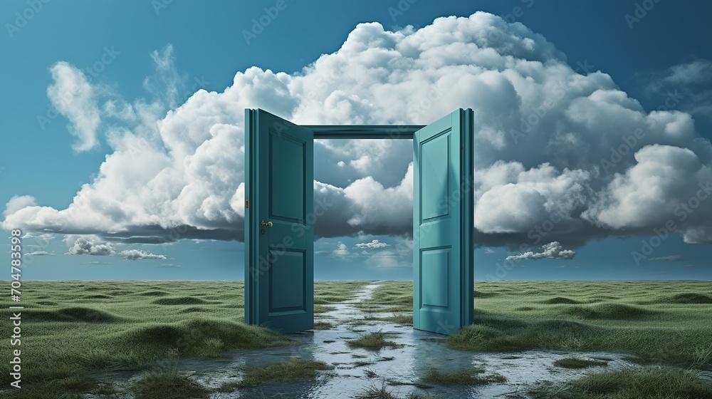 Surreal landscape with a door in the middle of a grassy field Surreal landscape with a door in the middle of a grassy field