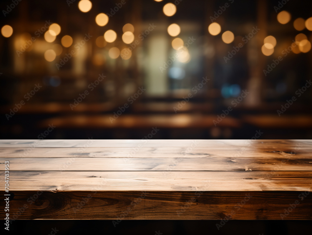 Wooden table with a blurry background of a restaurant Wooden table with a blurry background of a restaurant