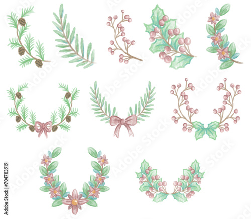 hand drawing christmas wreath reef ornament design element set