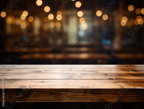 Wooden table with a blurry background of a restaurant © duyina1990