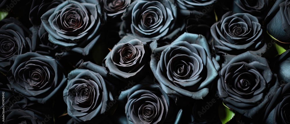 Jet black roses pattern. Top view of dark flowers wallpaper or background. Generative AI. Jet black roses pattern. Top view of dark flowers wallpaper or background. Generative AI.