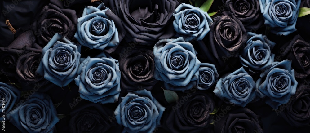 Black and blue roses pattern. Top view of dark flowers wallpaper or background. Generative AI.