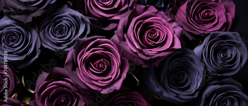 Purple and violet roses pattern. Top view of dark flowers wallpaper or background. Generative AI.