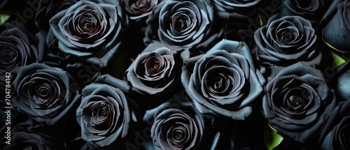 Jet black roses pattern. Top view of dark flowers wallpaper or background. Generative AI.