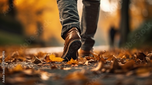 Cinematic close-up  a person s shoes stepping on autumn leaves