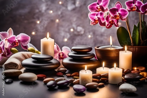 Capture the tranquility of a spa with massage stones  fresh orchid flowers  cozy towels  and the gentle illumination of burning candles for a soothing atmosphere.