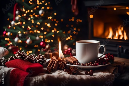 Design a cozy and festive setting with a cup of hot cocoa or hot chocolate against a knitted background, featuring the warmth of a fire tree and the whimsy of a delicate snow effect.