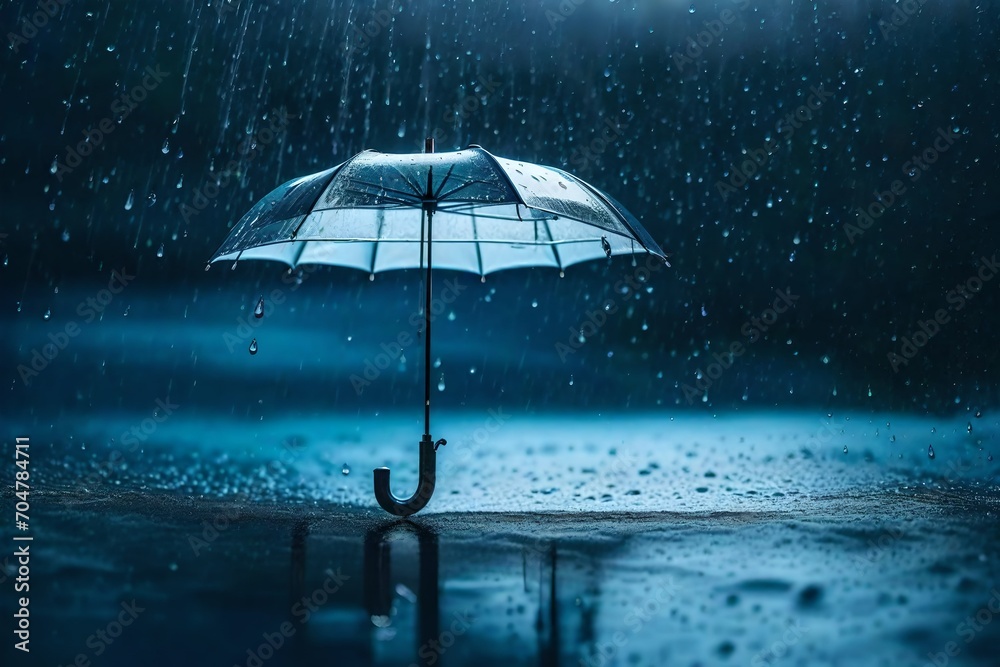 Compose a visually striking rainy weather concept by showcasing a transparent umbrella with raindrops against a water drop splash background, capturing the essence of a wet and soothing day.