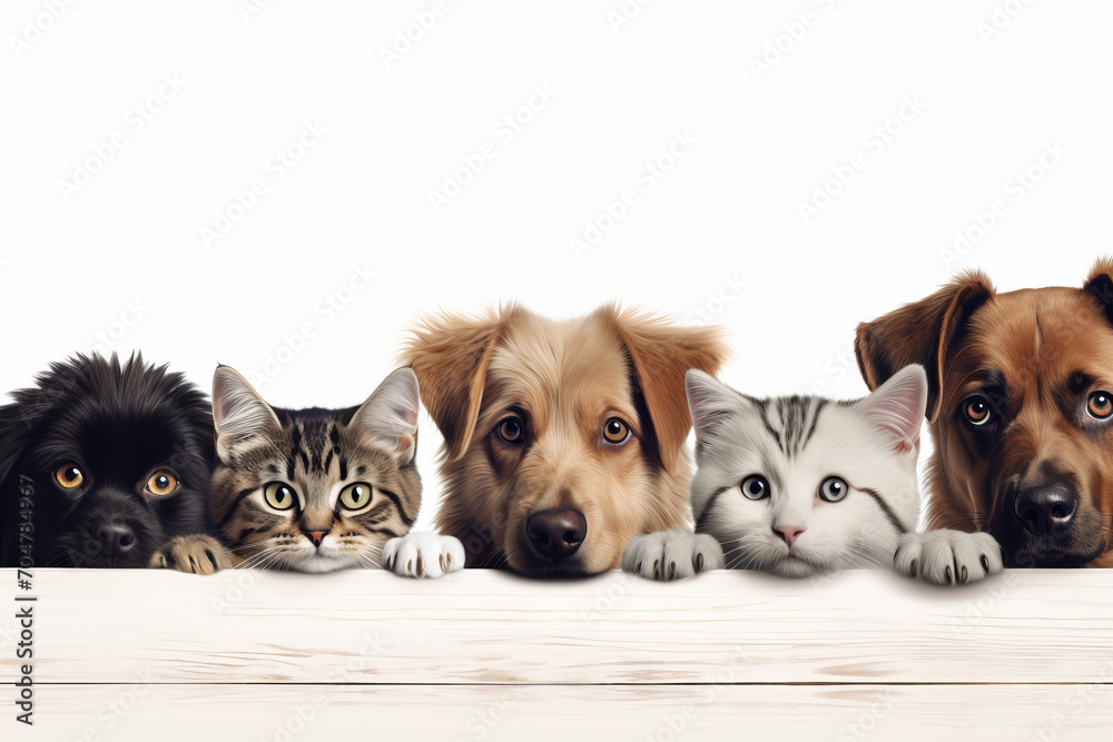 Cute puppy and kitten peek over web banner. AI Generative creates a pet portrait with a white background. Cute puppy and kitten peek over web banner. AI Generative creates a pet portrait with a white background.
