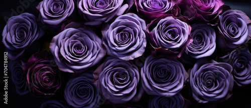 Purple and violet roses pattern. Top view of lilac and lavender flowers wallpaper or background. Generative AI.