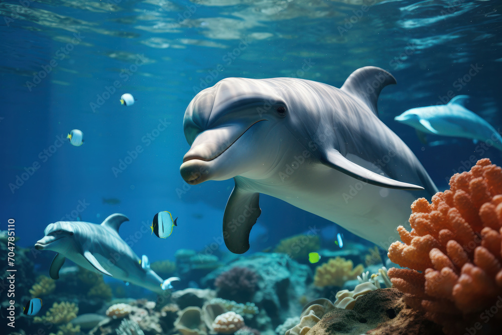 Fototapeta premium Dolphin swimming with fish in a colorful coral reef. Underwater life in the Pacific Ocean. AI Generative.