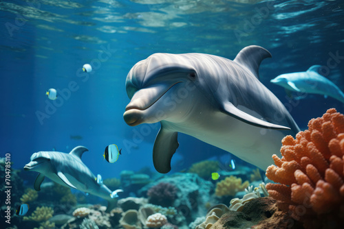 Dolphin swimming with fish in a colorful coral reef. Underwater life in the Pacific Ocean. AI Generative.