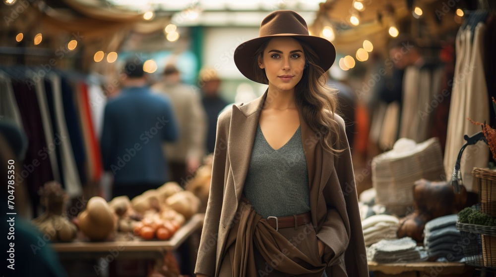 Chic fashion woman walking through a vintage market