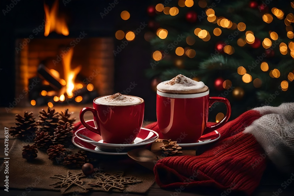 Design a festive and comforting scene with a cup of hot cocoa or hot chocolate set on a knitted background, surrounded by the inviting glow of a fire tree and a touch of snowy magic.