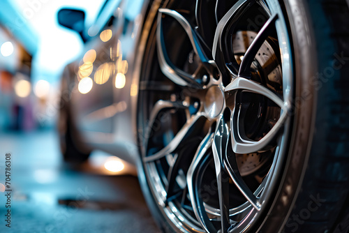 aluminium rim of sport car wheel. Detail background.