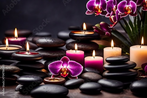 Capture the essence of relaxation with a spa and beauty treatment scene showcasing massage stones, fresh orchid flowers, neatly folded towels, and the soft radiance of burning candles.