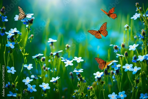 Compose a serene and enchanting scene of wild nature, highlighting a meadow with blue forget-me-not flowers and the graceful fluttering of two butterflies in a beautiful summer or spring landscape.