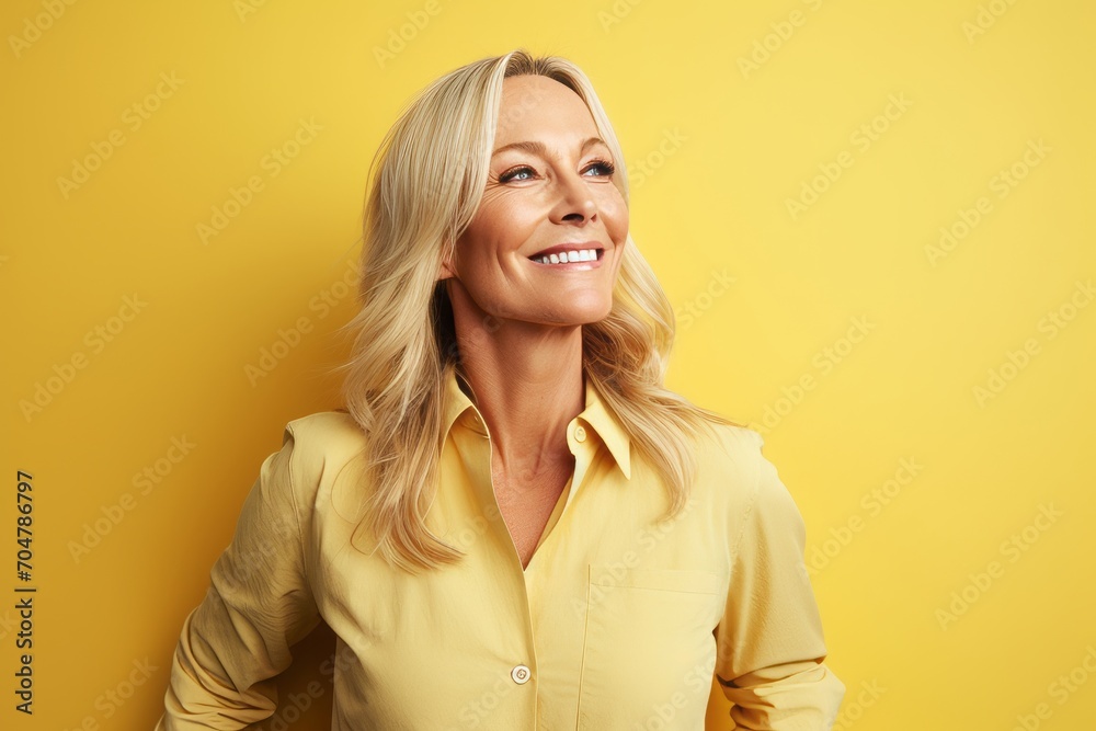 smiling middle aged woman in yellow blouse over yellow studio background smiling middle aged woman in yellow blouse over yellow studio background