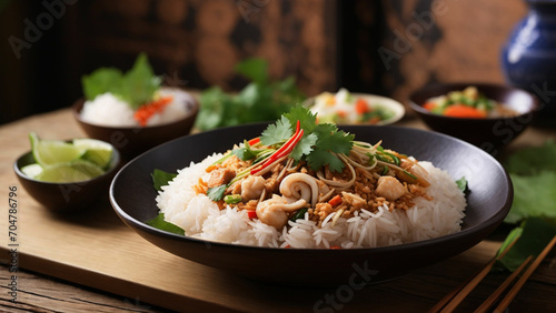 Showcase the natural beauty of Rice Thai Food against the backdrop of a wooden table highlight the fresh  locally sourced ingredients that play a crucial role in creating these delicious and visually 
