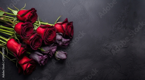 Top view of natural and fresh red and purple roses on dark surface. Flowers bunch wallpaper or background with copy space for text. Generative AI.