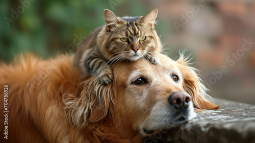 A cat sitting on top of a dog. Suitable for pet-related graphics, animal-themed designs, and illustrations of unlikely animal friendships. Perfect for pet stores, veterinary clinics, and animal shelte
