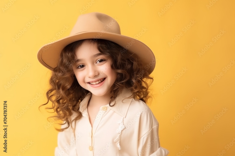 Portrait of a cute little girl in a hat on a yellow background Portrait of a cute little girl in a hat on a yellow background
