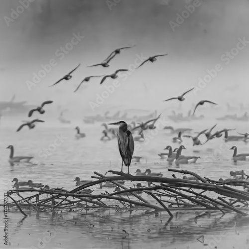 Great Blue Heron and Geese in Flight