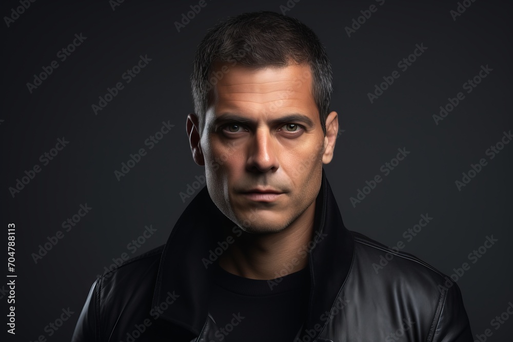 Portrait of a serious man in a leather jacket on a dark background