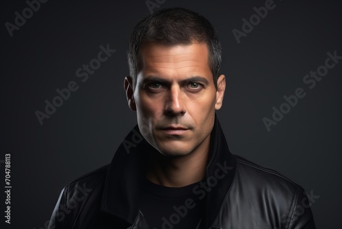 Portrait of a serious man in a leather jacket on a dark background © Inigo