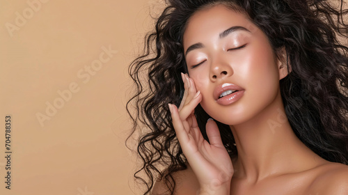 Elegant Young Asian Woman with Curly Hair and Korean Makeup Style Touching Her Perfect Skin on Beige Background