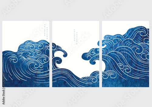 Abstract art background with contemporary art template vector. Water surface elements with blue Japanese wave pattern decoration. Hand drawn ocean object
