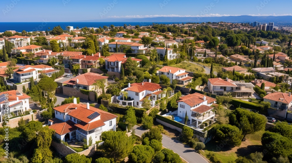 An aerial view of a wealthy neighborhood with large houses and swimming pools