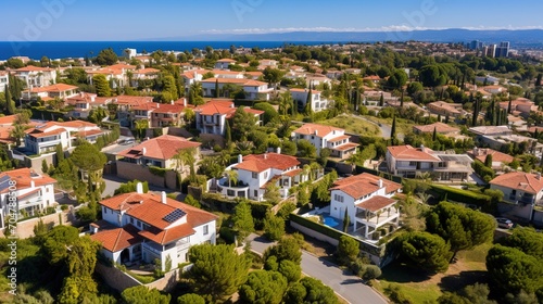 An aerial view of a wealthy neighborhood with large houses and swimming pools © duyina1990