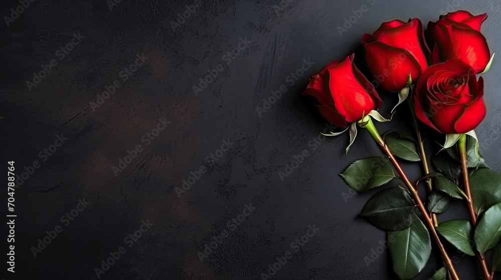 Top view of natural and fresh red roses on dark surface. Flowers bunch wallpaper or background with copy space for text. Generative AI. - obrazy, fototapety, plakaty 