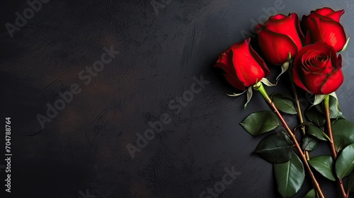 Top view of natural and fresh red roses on dark surface. Flowers bunch wallpaper or background with copy space for text. Generative AI.