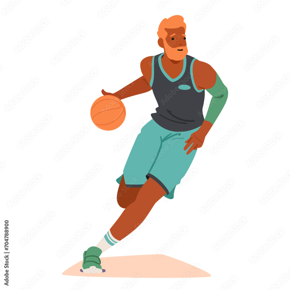 Swift Basketball Player Male Character Dashes Down The Court, Dribbling Skillfully With Intense Focus. Ball Bounces